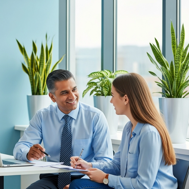 A business professional conducting a coaching session with an employee in a modern office, focusing on personal and professional growth.