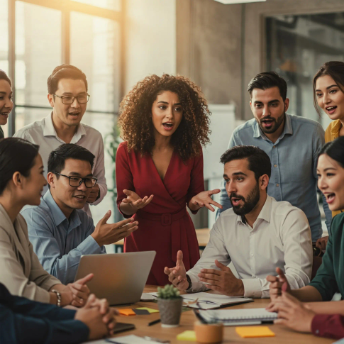 A group of people gathered some standing and some sitting around a table having a meeting.